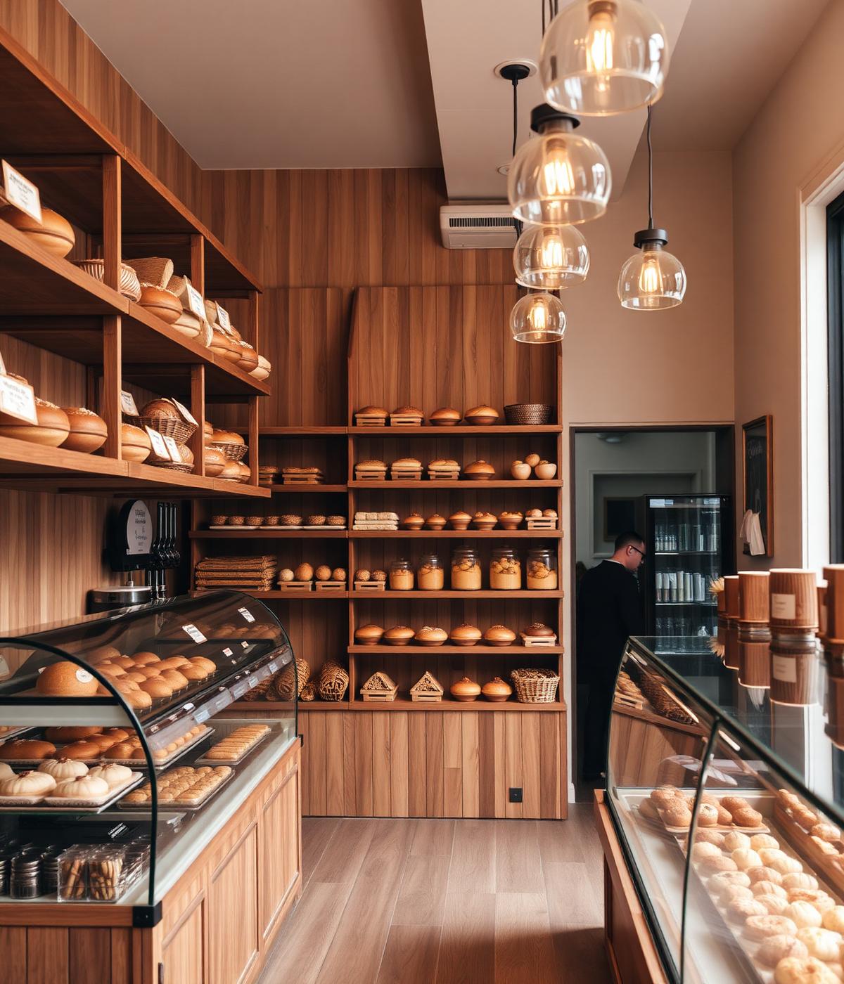 Interior of Shree Bakers store with wooden shelves of fresh bread