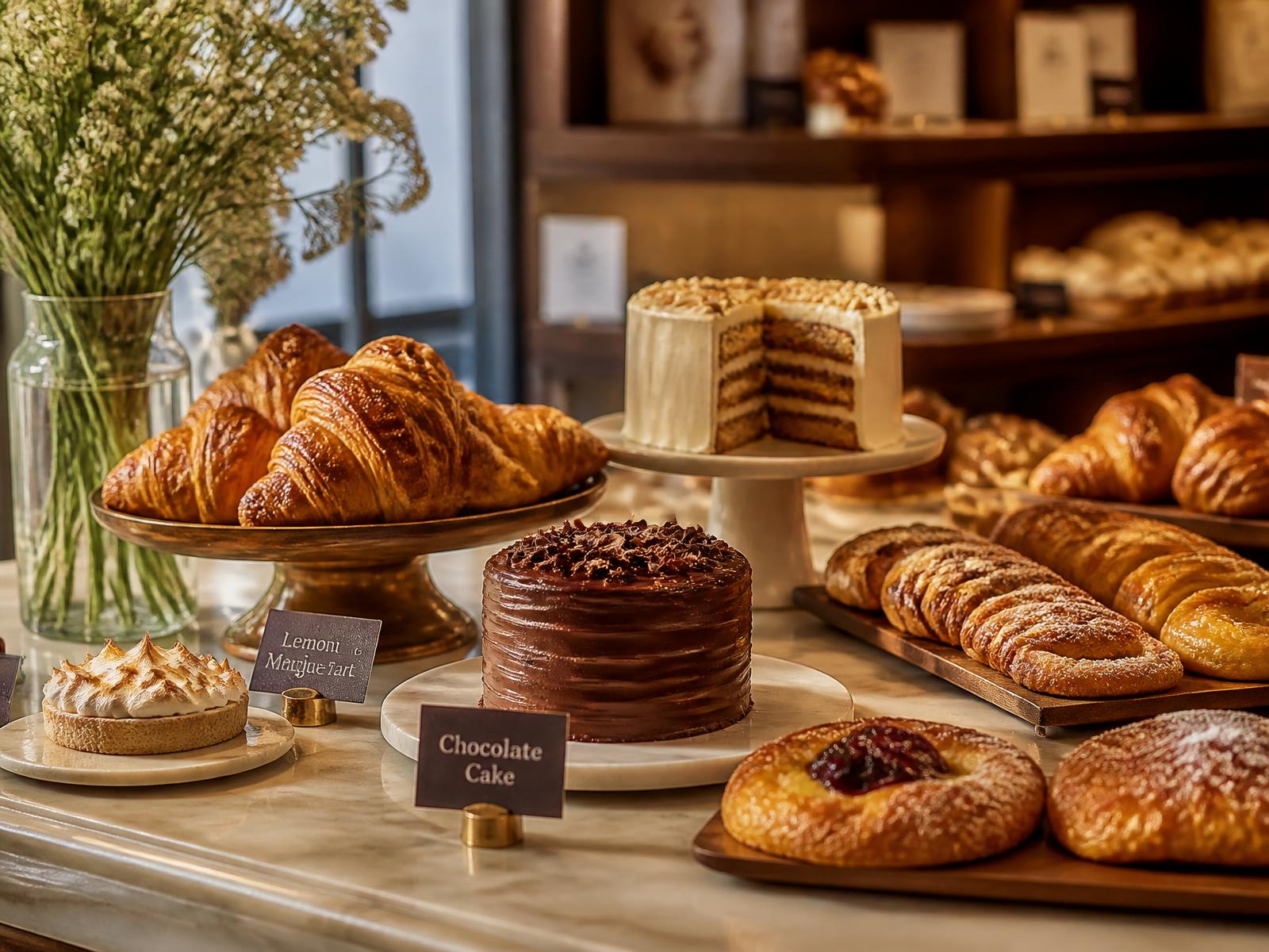 Bakery counter with cakes and croissants