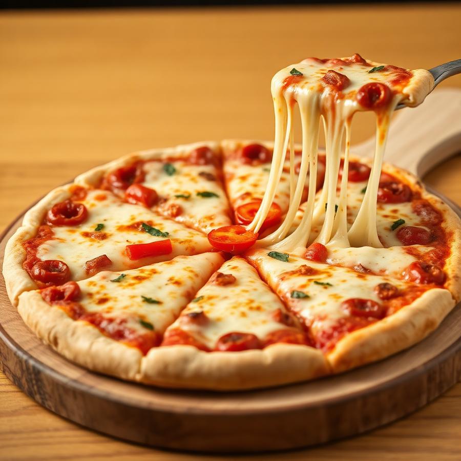 Cheese pizza with a stretchy slice